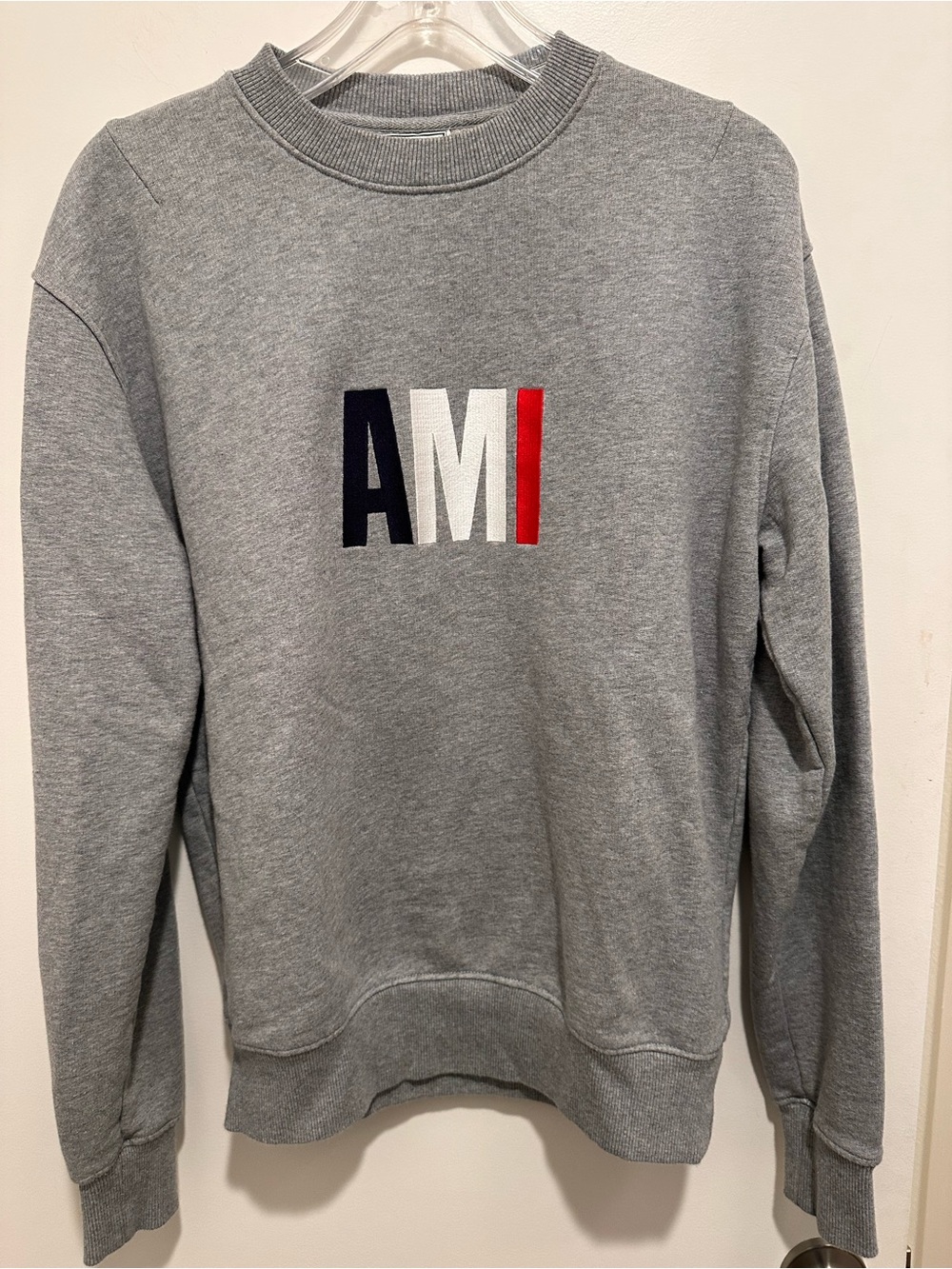 Ami Grey Crewneck with Navy White Red Tricolor Logo